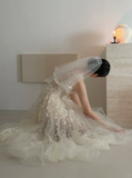 Pretty A Line 3D Floral Tulle Long Prom Dress Wedding Dress HZ1023