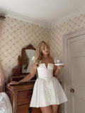Princess A Line V Neck White Satin Short Homecoming Dress Birthday Dress HZ1023