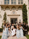 Cute A Line Puff Sleeve Print Floral Chiffon Long Bridesmaid Dress Graduation Prom Dress HZ1023