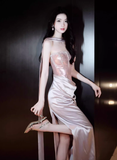 Purple Exquisite Beaded Sheath Strapless Corset Satin Prom Dress Party Dress with Slit HZ1023