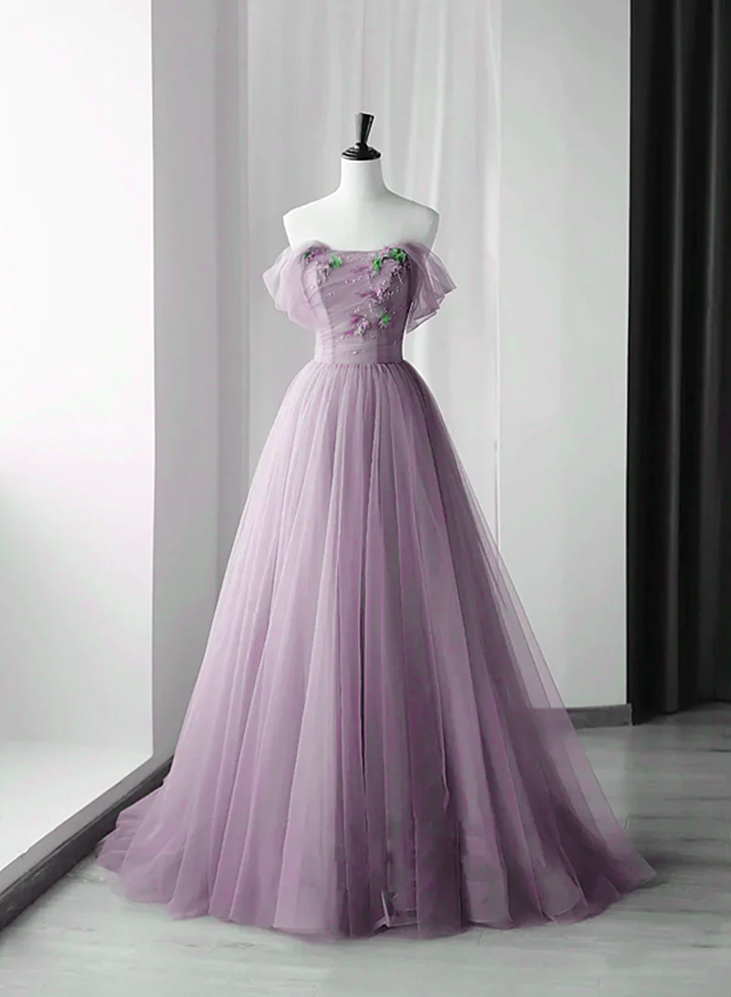 Beautiful Purple Tulle Sweetheart Off Shoulder Long Prom Dress HZ1023