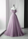 Beautiful Purple Tulle Sweetheart Off Shoulder Long Prom Dress HZ1023