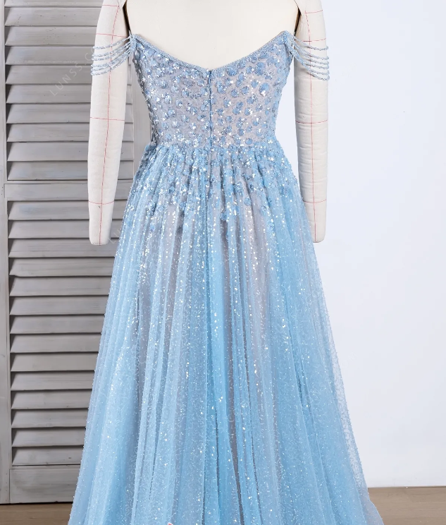 Elegant Light Blue Tulle Sequins Evening Dress Strapless Long Prom Dress HZ1023