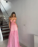 Pink Backless Chiffon A Line Evening Party Dress Long Prom Dress HZ1023