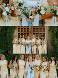 Backless A Line Round Neck Light Yellow Satin Long Bridesmaid Dress Evening Dress with Slit HZ1023