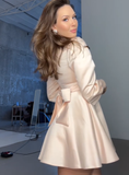 Black Bow A Line Long Sleeve V Neck Satin Short Homecoming Dress Cocktail Dress Outfits HZ1023