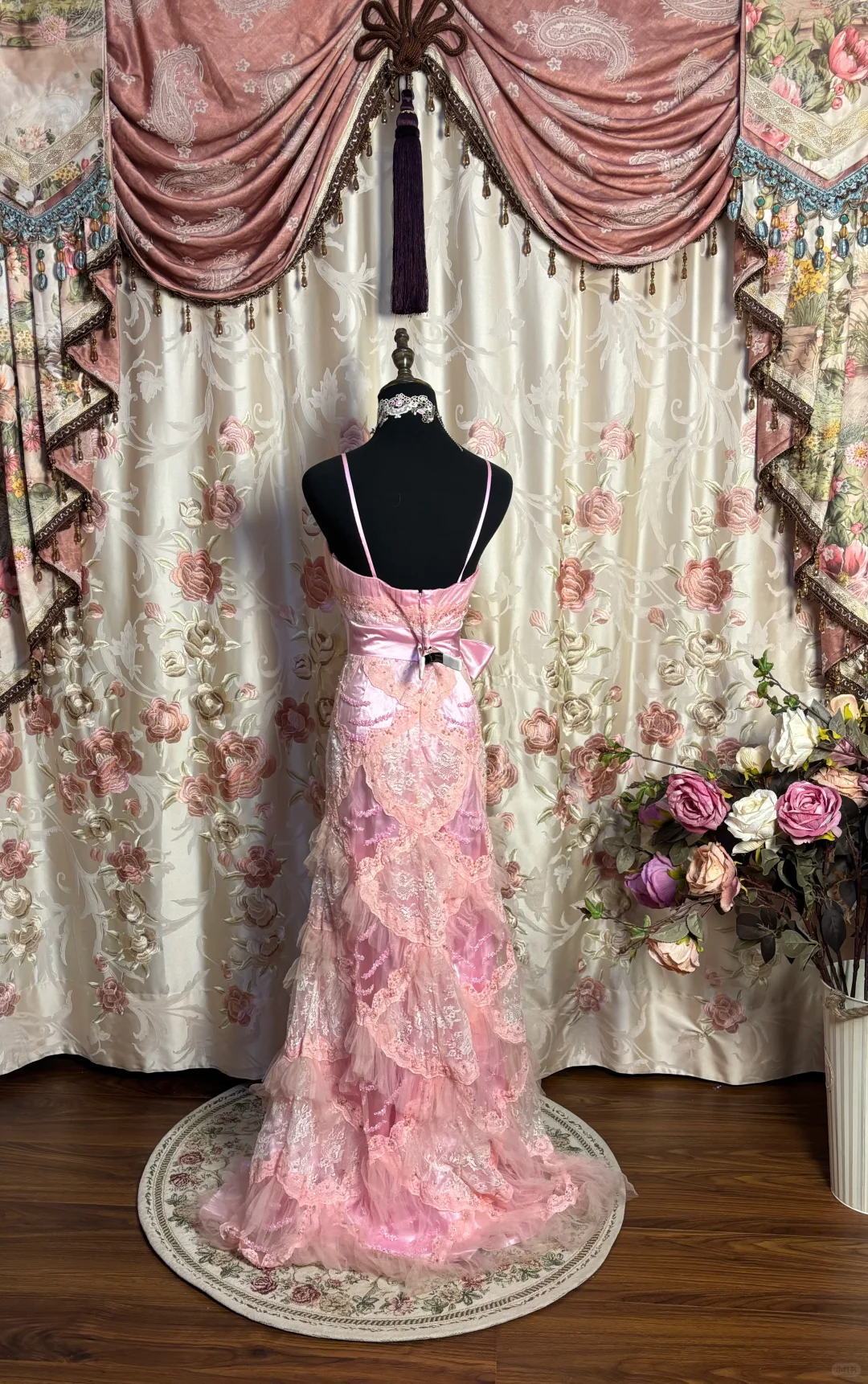 Vintage Pink A Line One Spaghetti Strap Lace Beaded Satin Long Prom Dress Evening Dress HZ1023