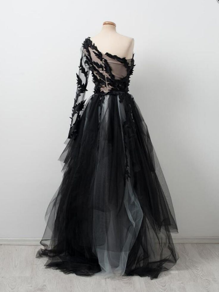 Black One Shoulder Tulle Long Prom Dress Evening Dress HZ1023