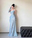 Blue Mermaid Strapless Pleated Blue Lace Long Party Dress Evening Dress HZ1023