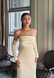 Apricot Simple Mermaid Strapless Satin Long Prom Dress Formal Dress Party Dress HZ1023