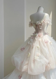 Floral A Line Off the Shoulder Pink Tulle Party Dress Evening Dress HZ1023