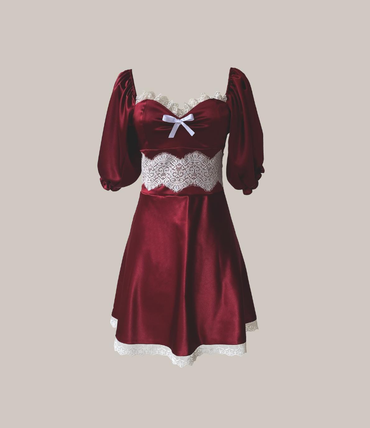 Burgundy A Line Puff White Lace Satin Short Homecoming Dress Cocktail Dress HZ1023