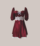 Burgundy A Line Puff White Lace Satin Short Homecoming Dress Cocktail Dress HZ1023