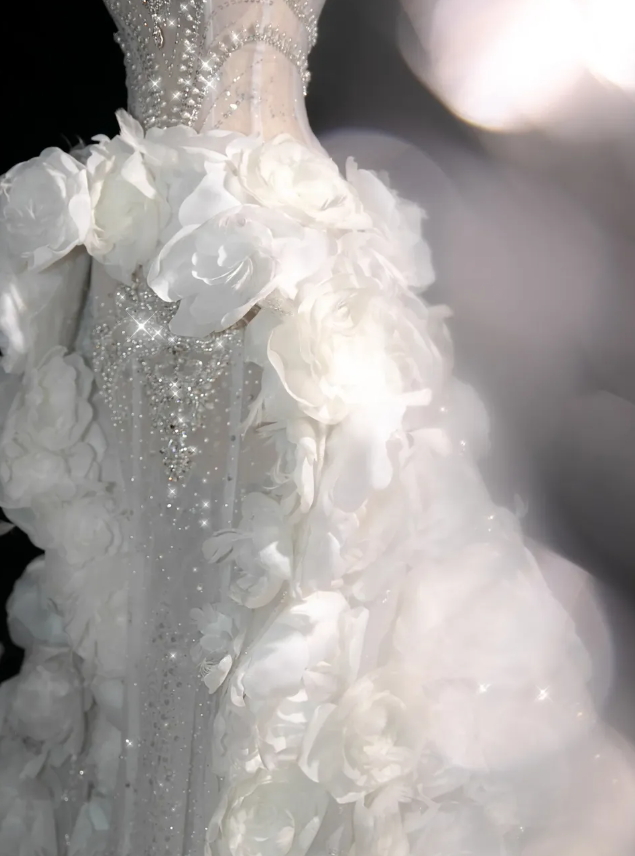 3D Flower White A Line Sweetheart Neck Rhinestone Tulle Long Prom Dress HZ1023