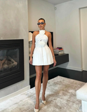 Charming A Line Halter 3D Floral Pearls Satin Short Homecoming Dress Birthday Dress HZ1023