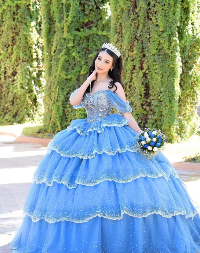 Blue Ball Gown Quinceanera Dresses Off the Shoulder Beaded Layered Tulle Sweet 16 Dress Party Gowns HZ1023