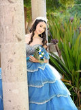 Blue Ball Gown Quinceanera Dresses Off the Shoulder Beaded Layered Tulle Sweet 16 Dress Party Gowns HZ1023