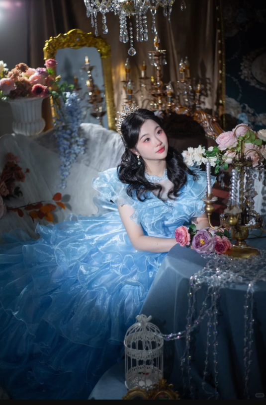 Blue Ball Gown Round Neck Layered Organza Prom Dress 16th Birthday Dress HZ1023