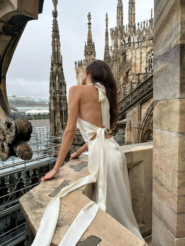 White A Line Halter Satin Open Back Long Wedding Guest Dress Party Dress with Slit HZ1023