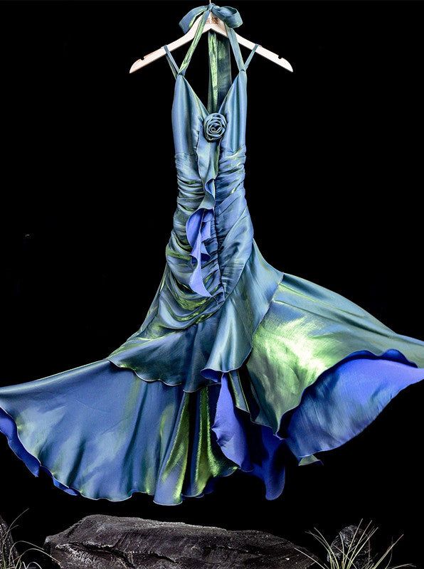 Vintage Mermaid Spaghetti Straps Ruffle Ice Blue Satin Long Length Prom Dress Evening Dress HZ1023