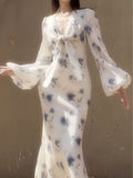 Elegant Mermaid Long Sleeve Blue Floral Chiffon Prom Dress Party Dress Outfits HZ1023