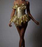 Stunning A Line Spaghetti Strap Gold Satin Short Homecoming Dress Cocktail Dress HZ1023