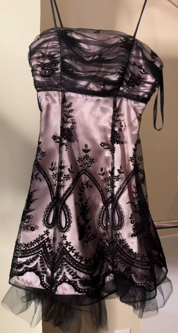 A Line Spaghetti Strap Black Applique Tulle Pink Satin Homecoming Dress Cocktail Dress HZ1023