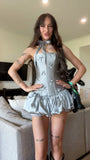 Cute A Line Strapless Grey Satin Short Homecoming Dress Cocktail Dress with Bow HZ1023