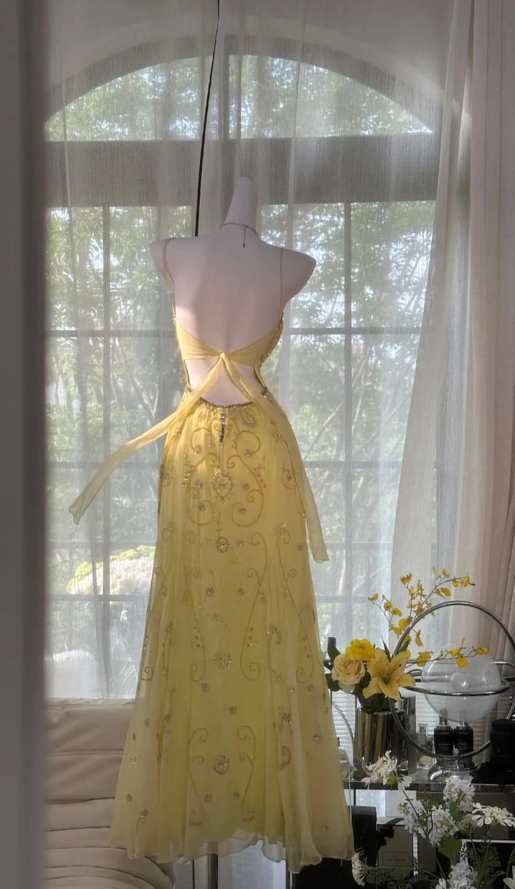 Gorgeous Yellow Spaghetti Strap A Line Chiffon Beaded Long Prom Dress HZ1023