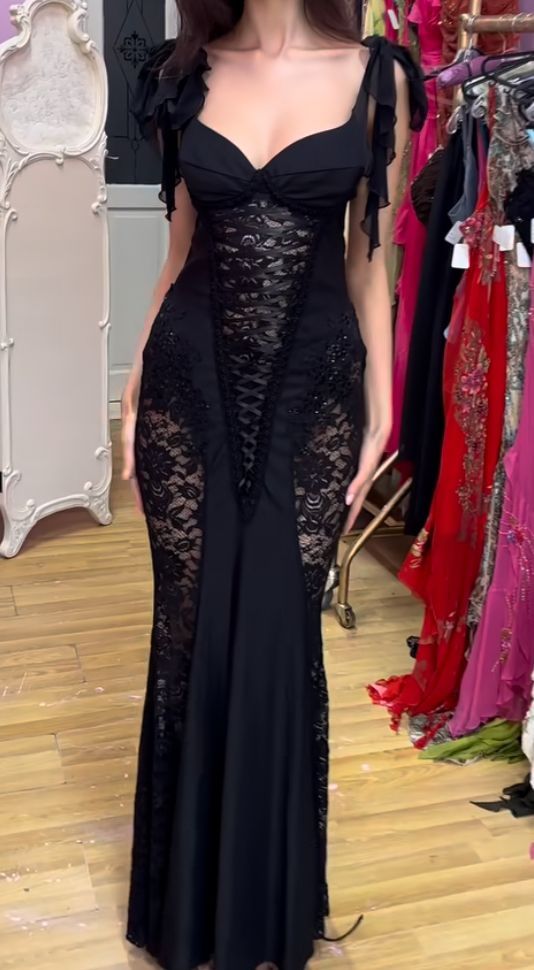 Sexy Black Mermaid Straps Lace Chiffon Long Party Dress Evening Dress Date Dress HZ1023