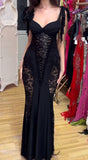 Sexy Black Mermaid Straps Lace Chiffon Long Party Dress Evening Dress Date Dress HZ1023