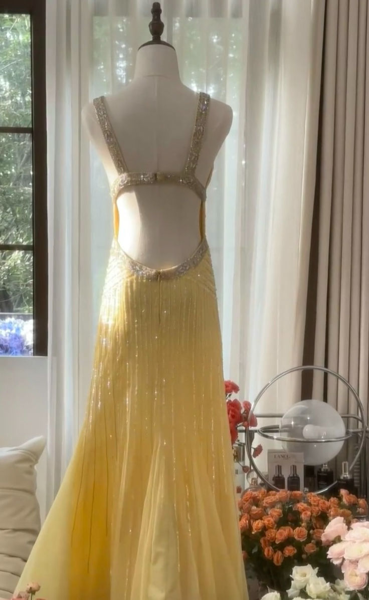Yellow A Line Strap Beaded Sequin Chiffon Open Back Prom Dress Evening Dress HZ1023