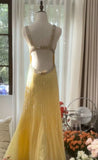 Yellow A Line Strap Beaded Sequin Chiffon Open Back Prom Dress Evening Dress HZ1023