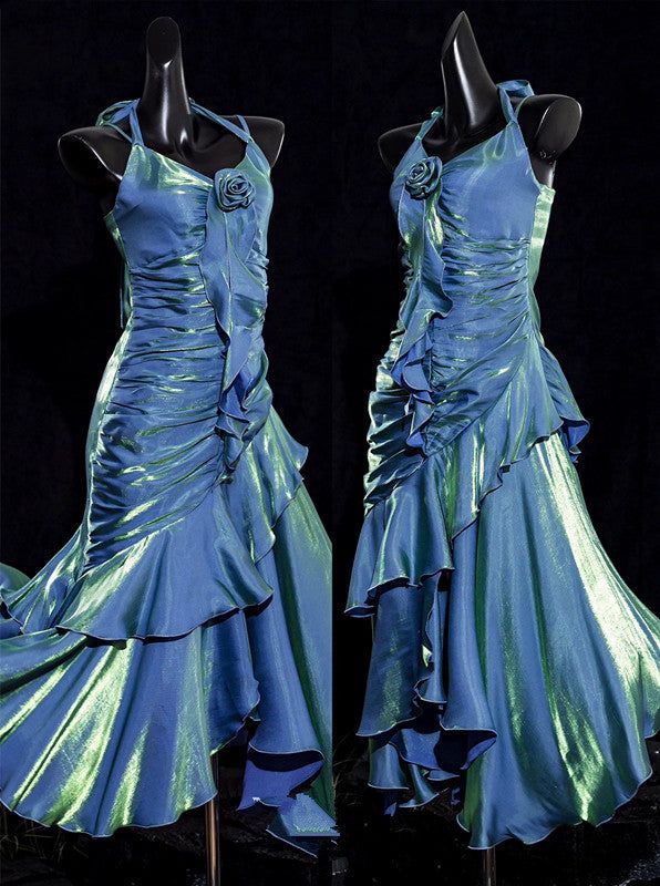 Vintage Mermaid Spaghetti Straps Ruffle Ice Blue Satin Long Length Prom Dress Evening Dress HZ1023