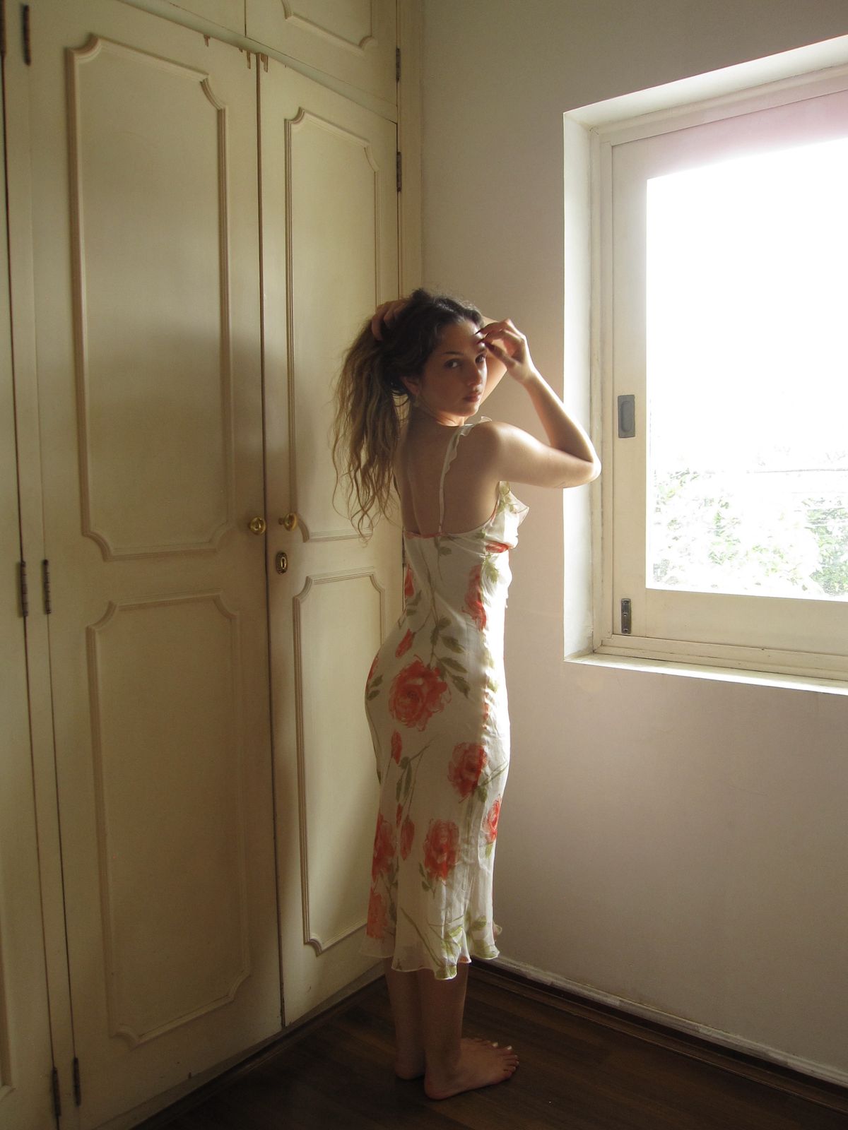 Gentle Sheath Straps Printed Floral Chiffon Tea Length Vacation Dress Outfits HZ1023