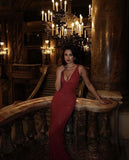 Sexy Red Sheath V Neck Beaded Tulle Long Prom Dress Party Dress HZ1023