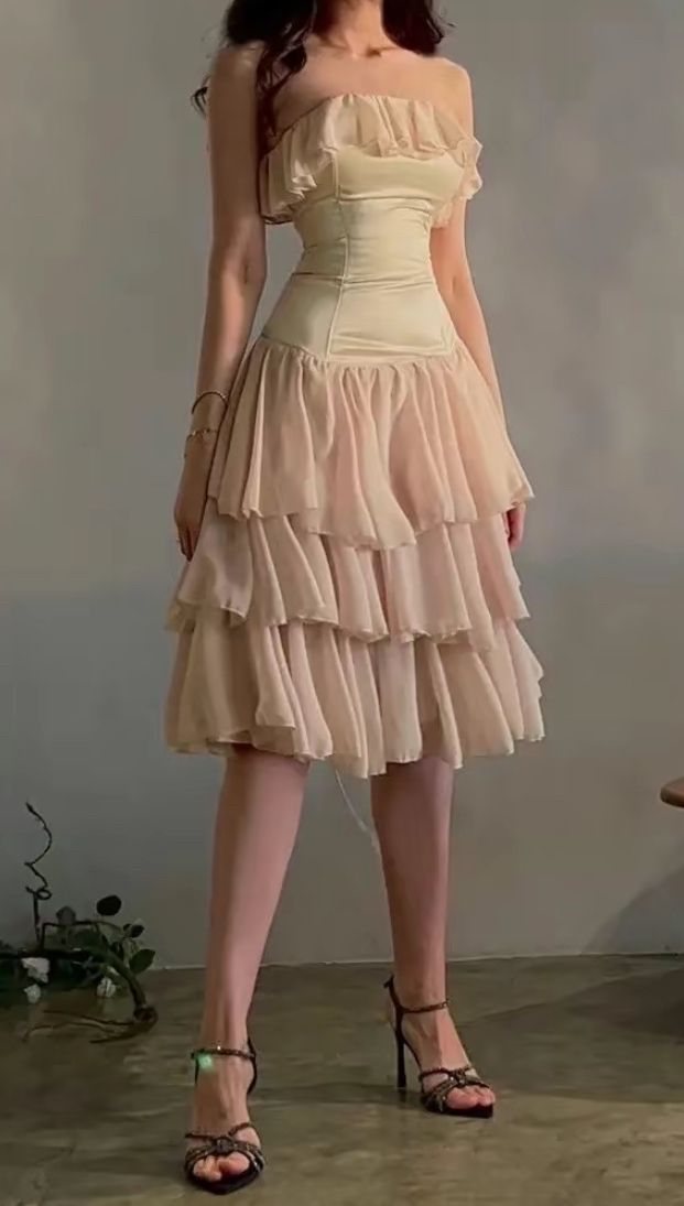 Cute A Line Strapless Tiered Beige Chiffon Satin Short Evening Dress Homecoming Dress HZ1023