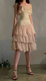 Cute A Line Strapless Tiered Beige Chiffon Satin Short Evening Dress Homecoming Dress HZ1023