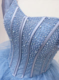 Blue Off-the-shoulder Beaded Tulle Long Formal Dress Ball Gown HZ1023