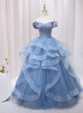 Blue Off-the-shoulder Beaded Tulle Long Formal Dress Ball Gown HZ1023