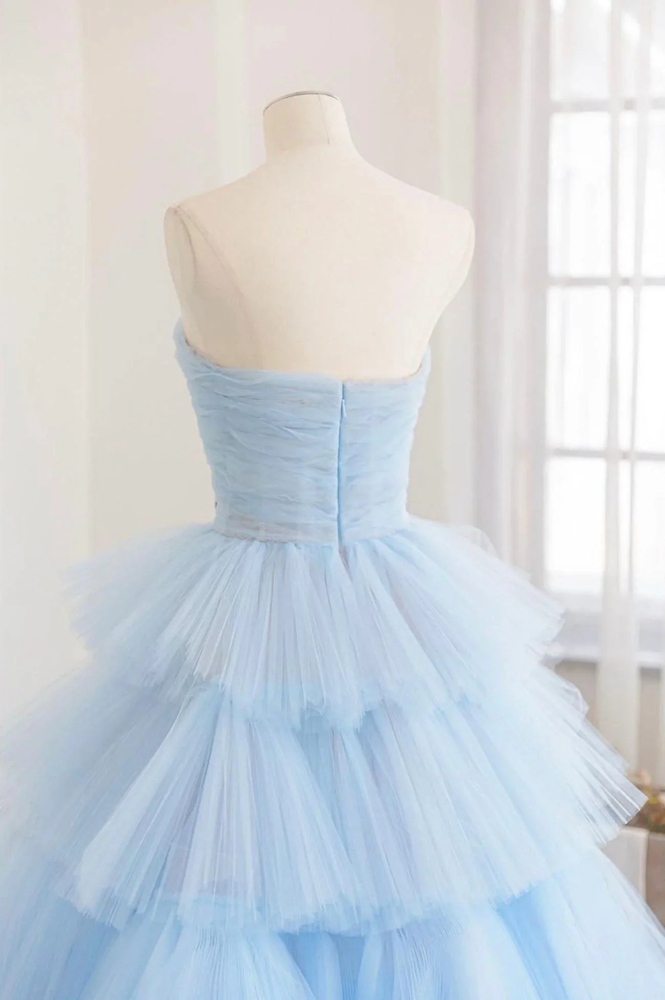 Blue A-Line Strapless Tulle Layers Long Prom Dress Evening Dress HZ1023