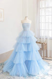 Blue A-Line Strapless Tulle Layers Long Prom Dress Evening Dress HZ1023
