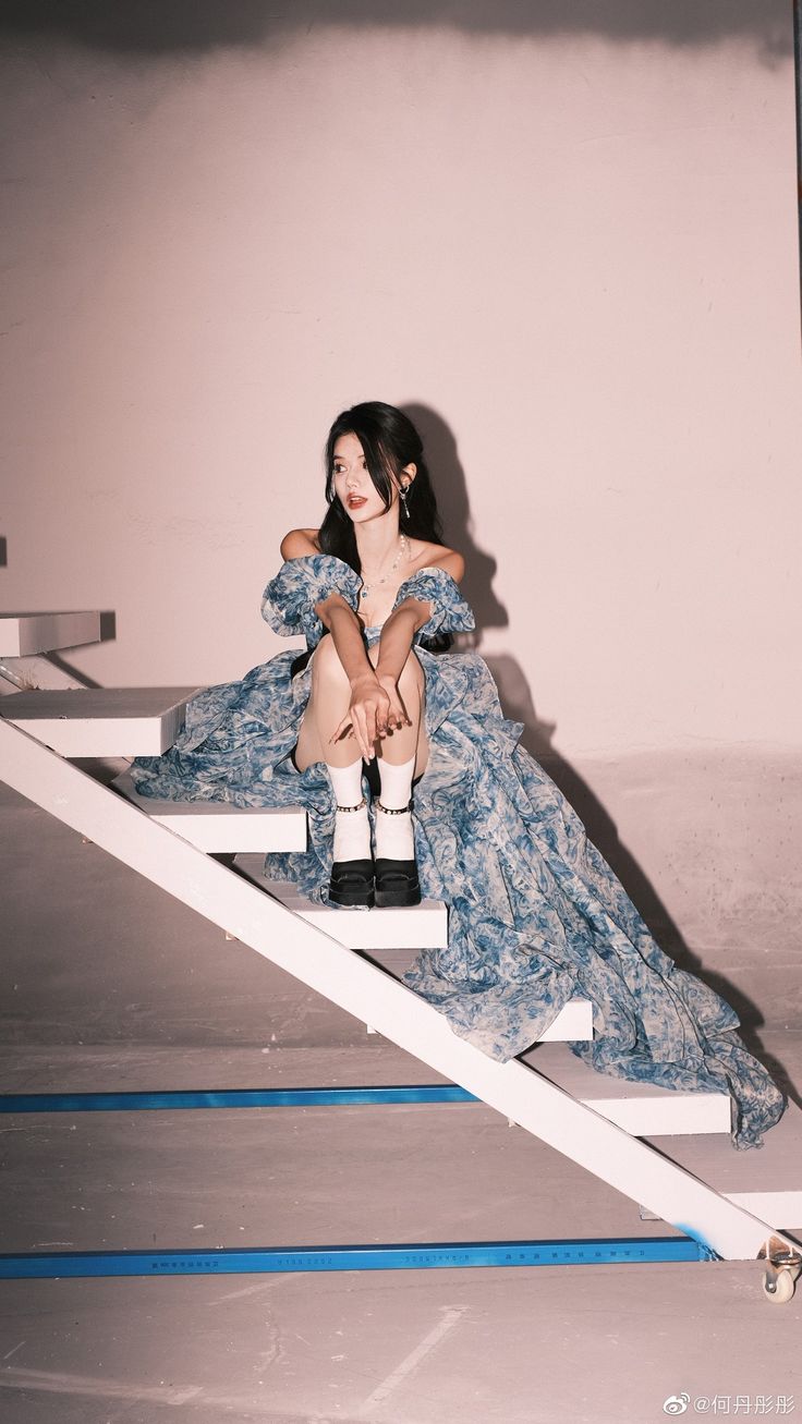 Romantic A Line Puff Sleeve Print Flower Blue Chiffon Party Dress Evening Dress with Slit HZ1023
