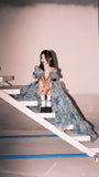 Romantic A Line Puff Sleeve Print Flower Blue Chiffon Party Dress Evening Dress with Slit HZ1023