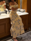 Yellow Mermaid Off the Shoulder Print Floral Chiffon Vacation Dress Outfits HZ1023