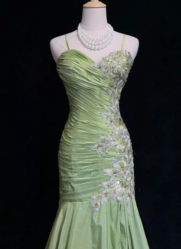 Vintage Mermaid Sweetheart Neck Appliques Green Satin Long Party Dress Evening Dress HZ1023