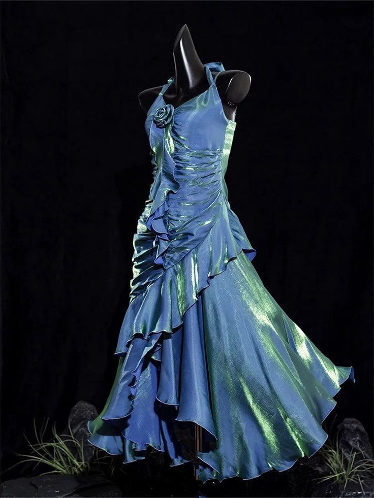 Vintage Mermaid Spaghetti Straps Ruffle Ice Blue Satin Long Length Prom Dress Evening Dress HZ1023