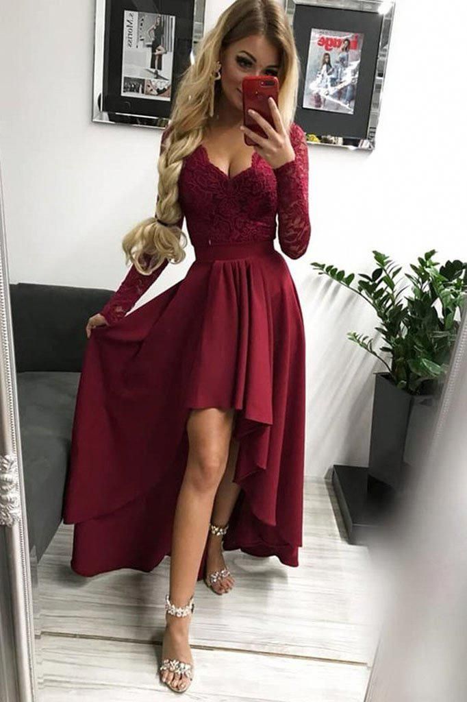 1292,burgundy long sleeves v-neck applique lace chiffon long evening HZ1023