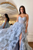Blue A Line Strapless Ruffle Tulle Long Prom Dresses with Slit HZ1023