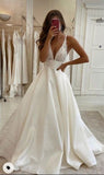 White v neck satin lace long prom dress evening dress HZ1023